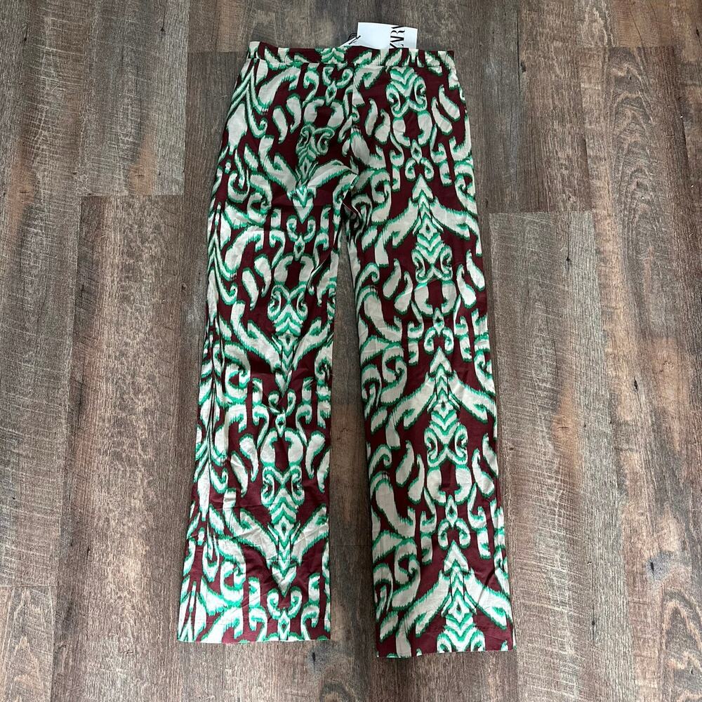 NWT Zara Printed Wide Leg Cotton Pants Sz XS Green & Brown 70s Boho - Picture 7 of 9
